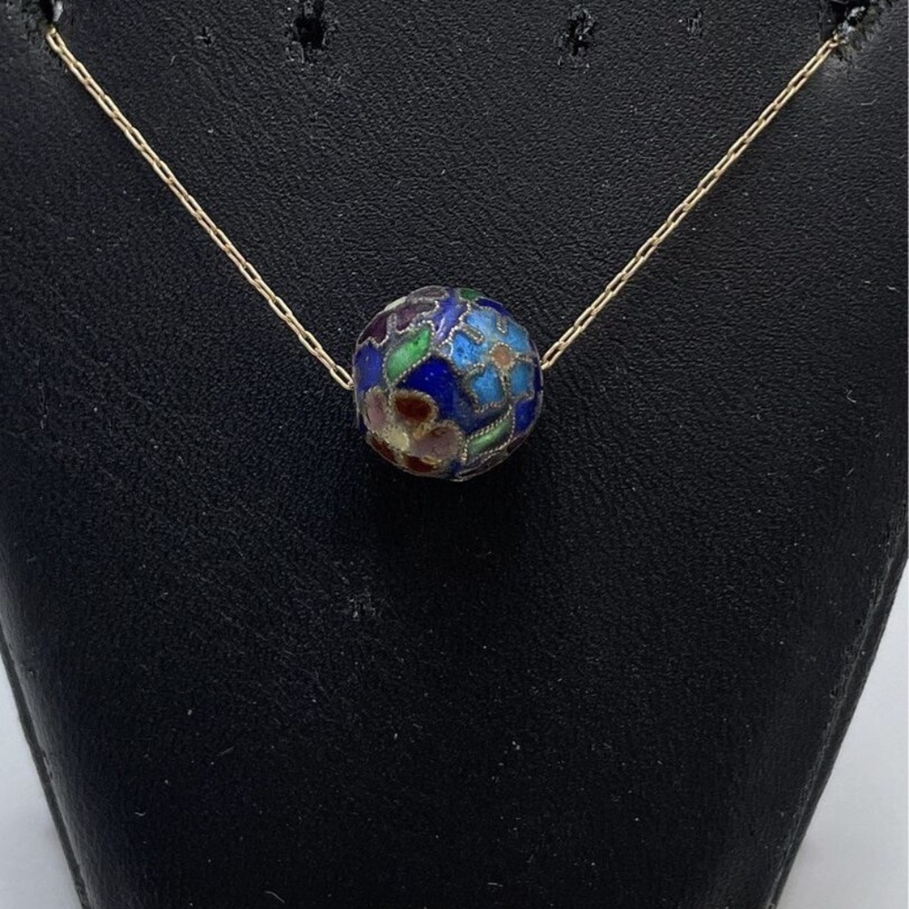 15" 14K Yellow Gold Cloisonne Bead Paperclip Link Necklace